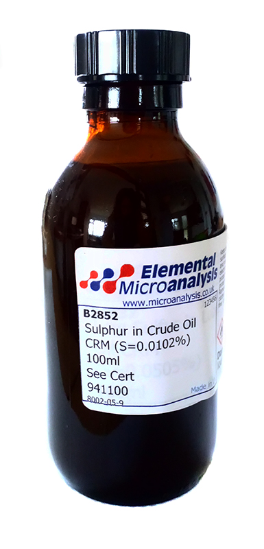 Sulphur in Crude Oil (S=0.0102%) 100ml                                              See Cert 941100

Flamm. Liquid
UN1267 Class 3